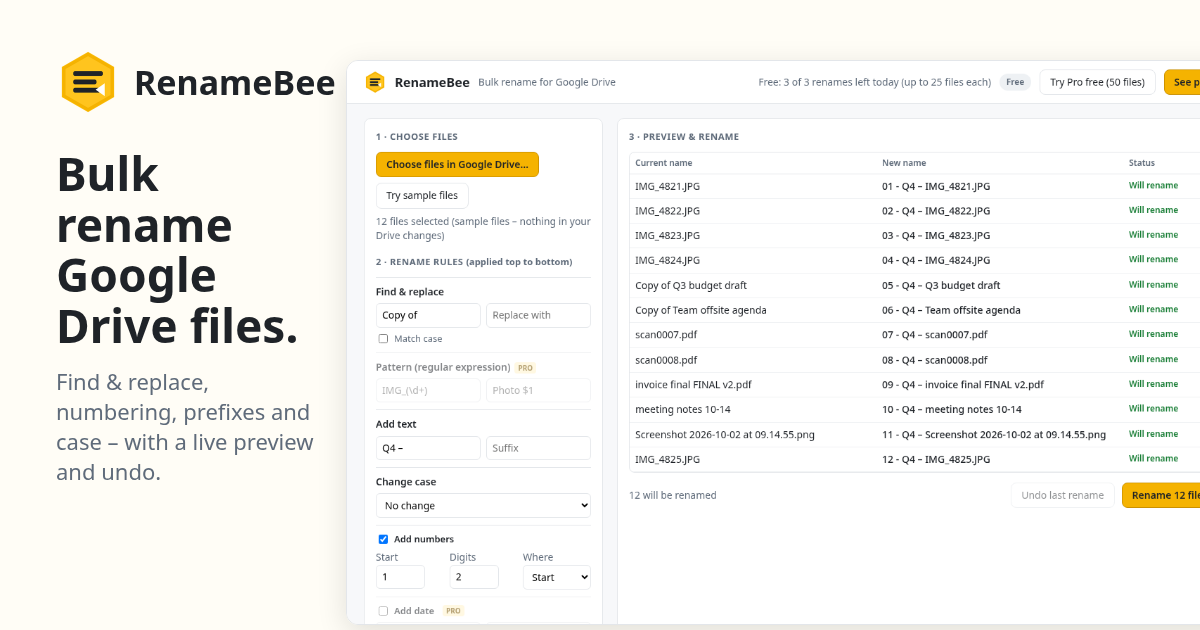 RenameBee – Bulk Rename Google Drive Files