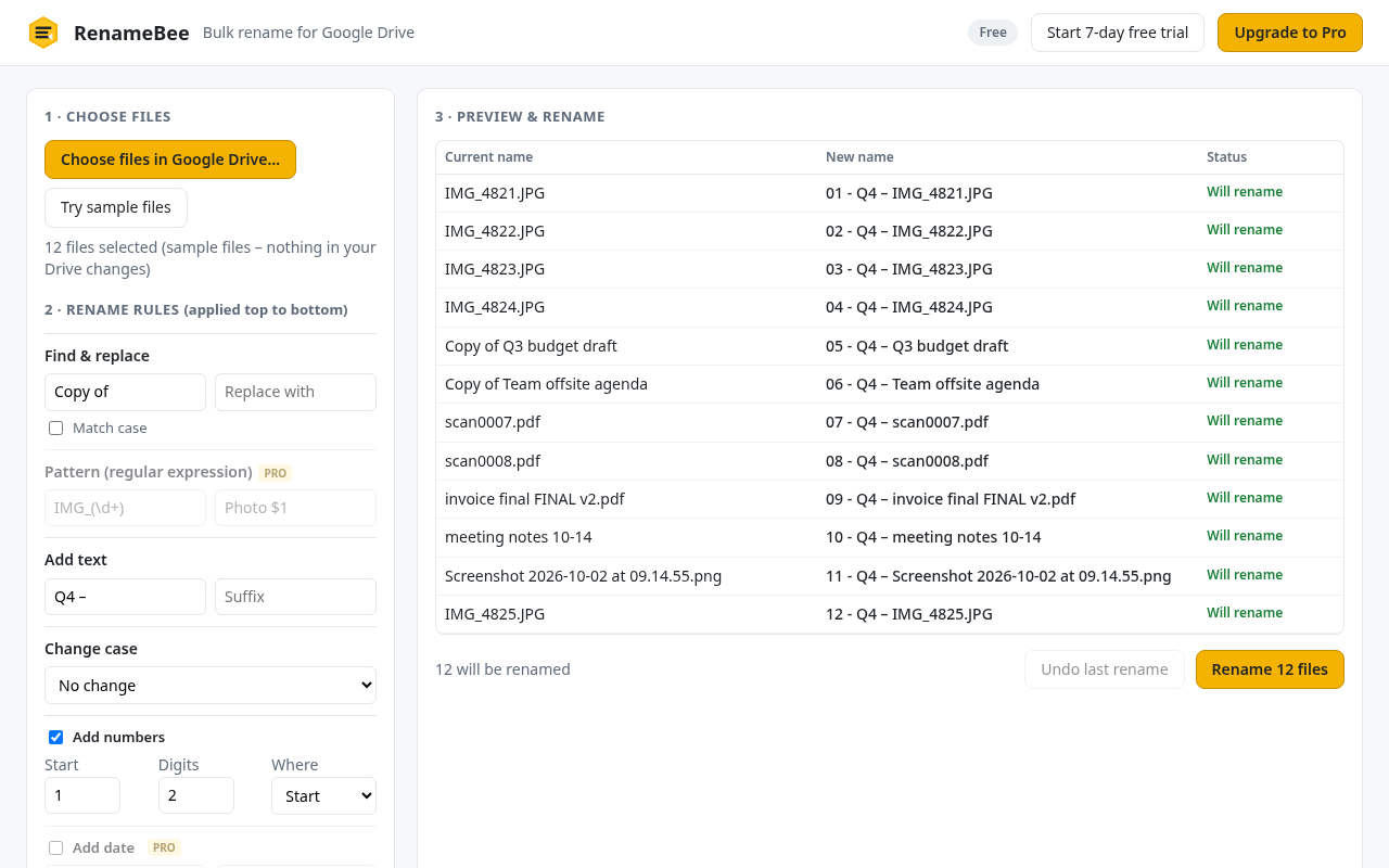 RenameBee preview showing old and new file names side by side